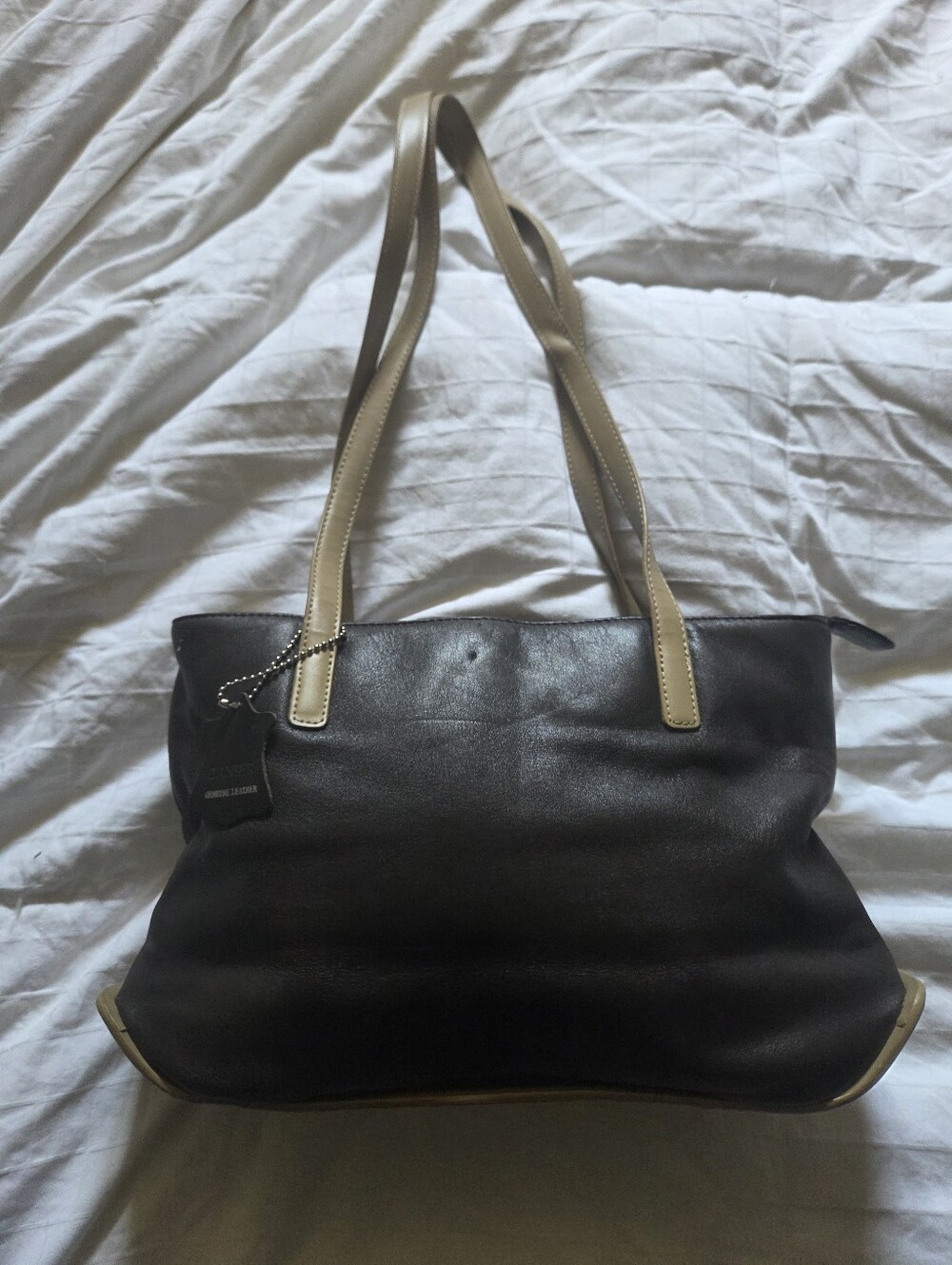 Vintage Danier Leather Tote Bag in Black with Cream Straps